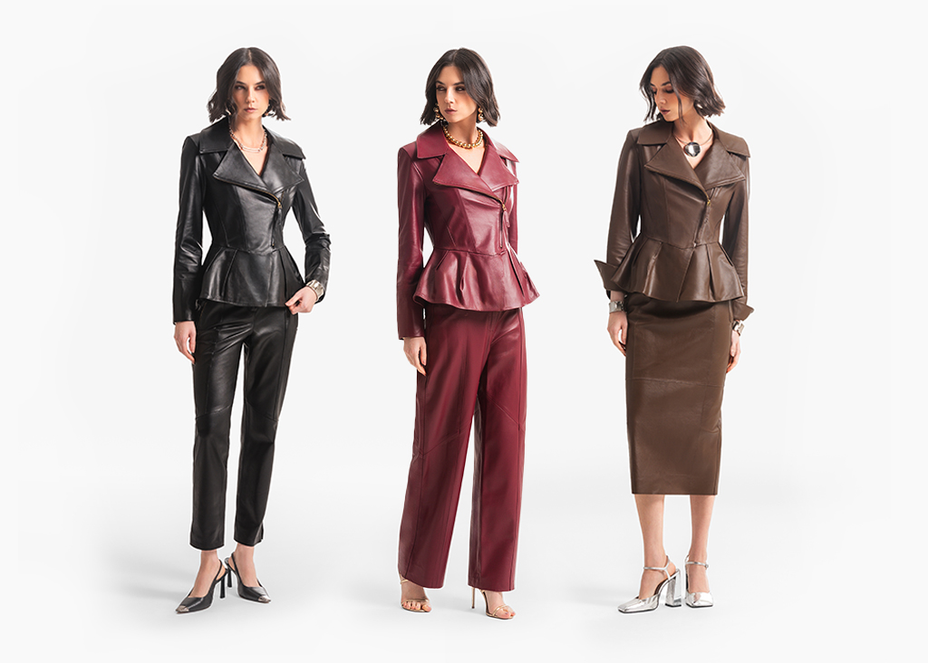 Três conjuntos de couro peplum preto, bordô e marrom