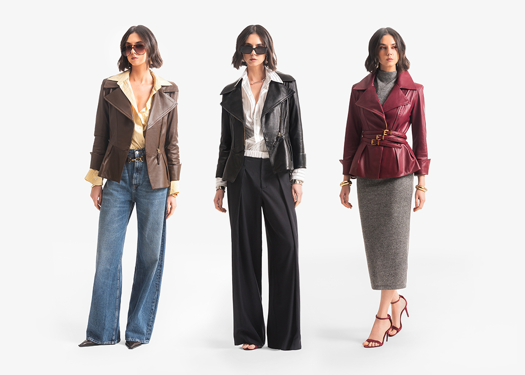 Três looks com jaquetas de couro marrom, preta e bordô