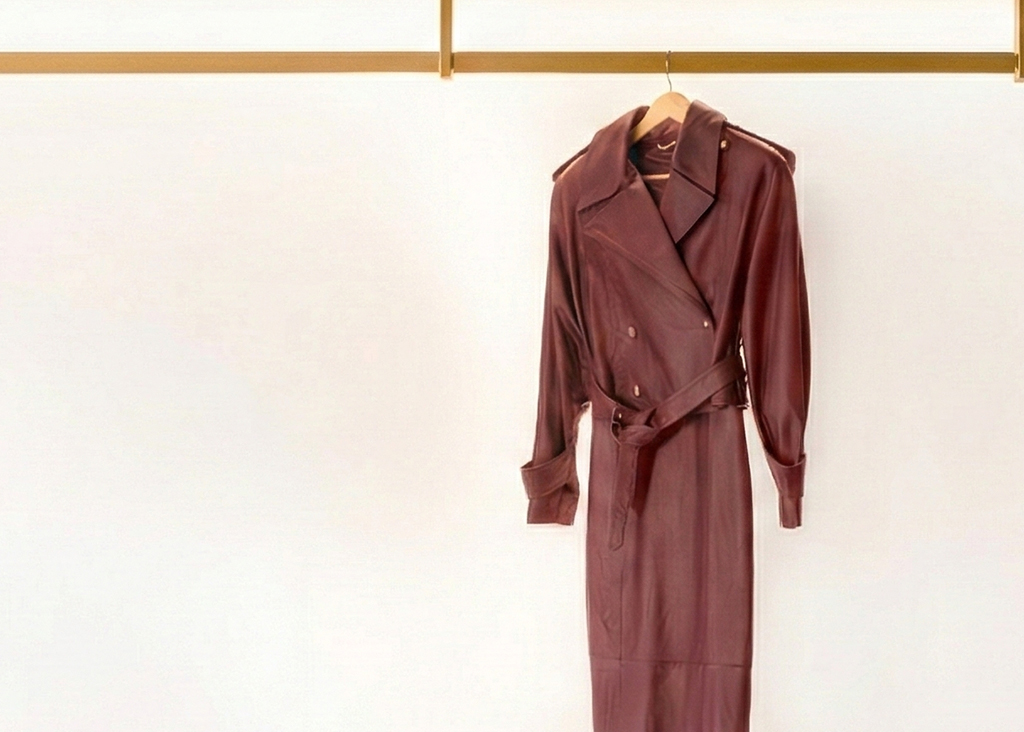 Trench coat de couro bordô arejando no cabide