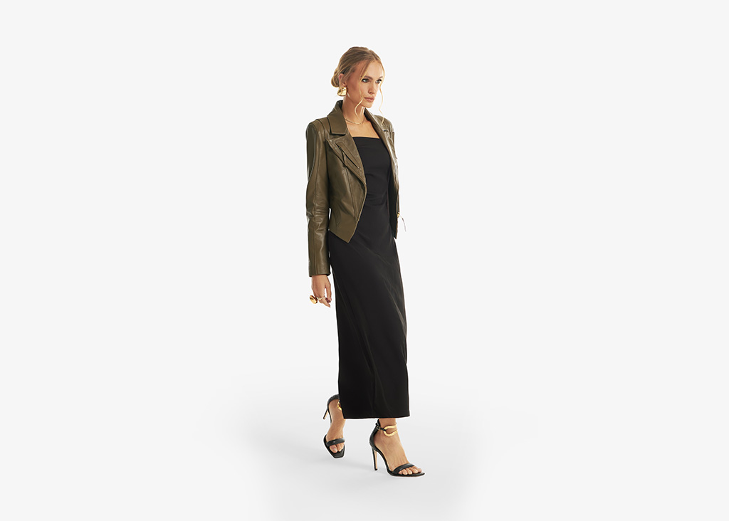 Jaqueta de couro Olive com vestido midi preto